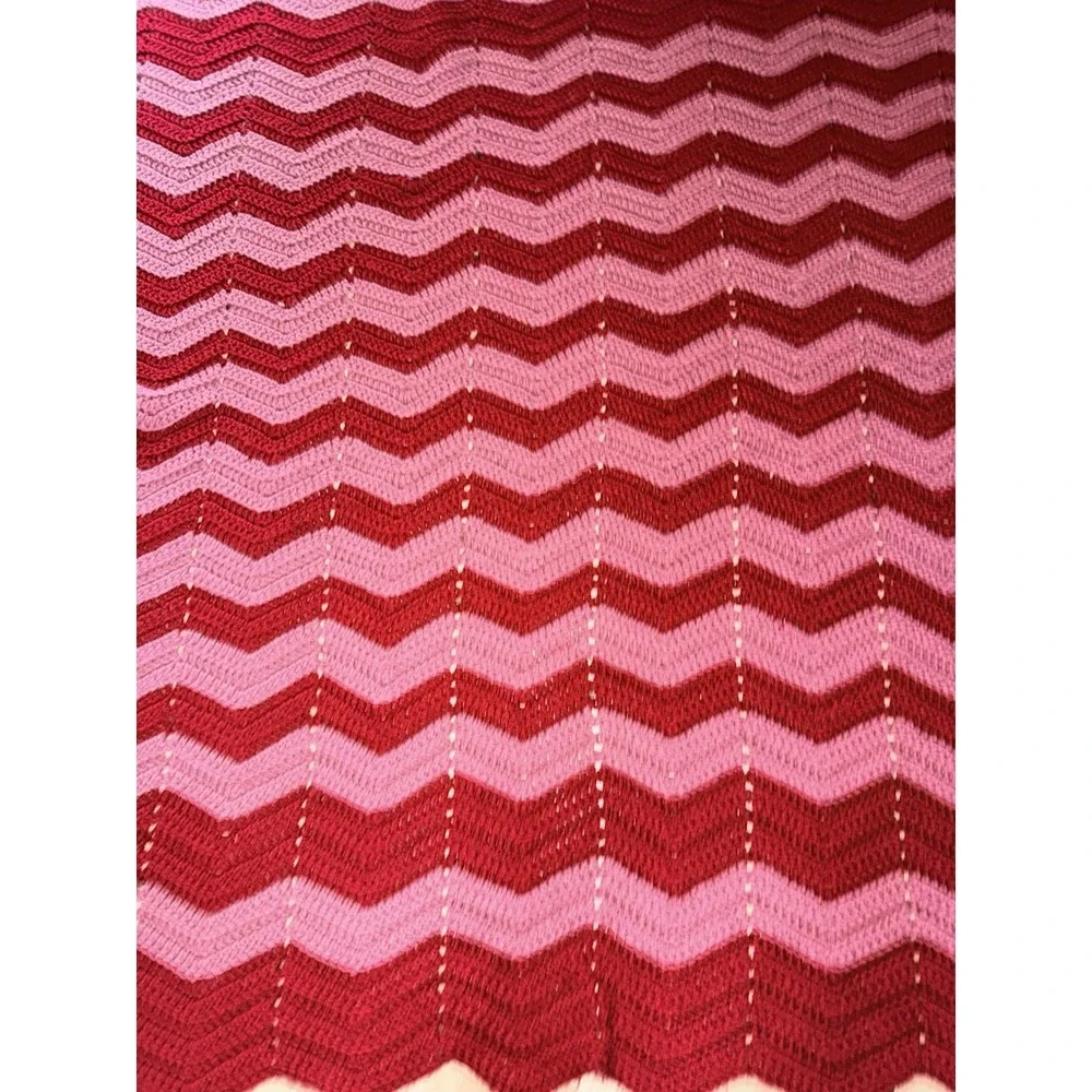 Pink Crochet Chevron Zig Zag Throw Blanket Afghan 68x64